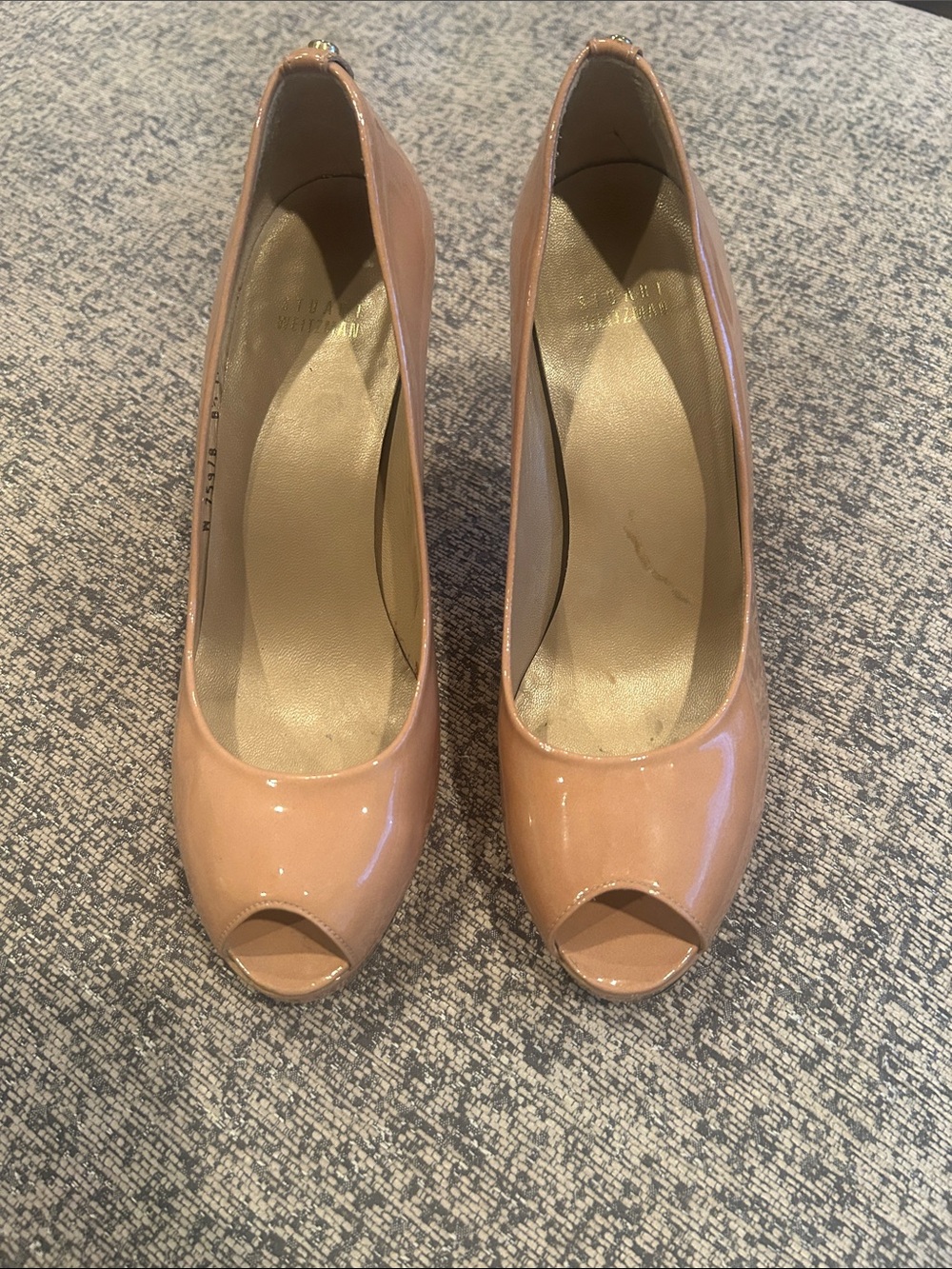 Stuart Weitzman Patent Peep-Toe Heels in Nude